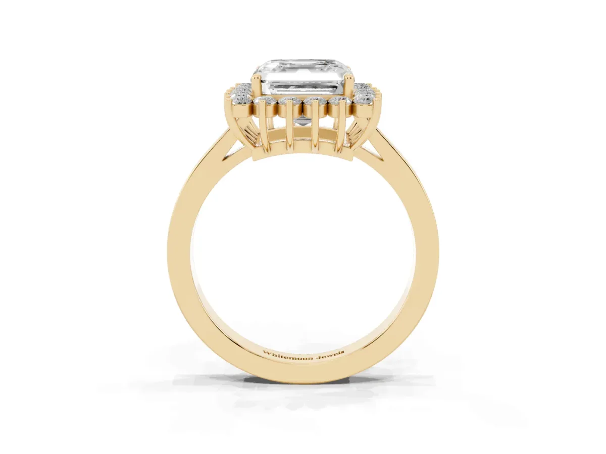 Asscher Cut Cut Diamond Halo Ring with Round Brilliant Halo and Solitaire Band Yellow gold