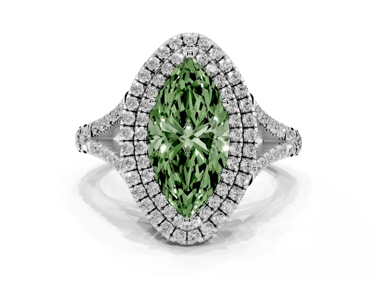 Fancy Green Double Halo Marquise Cut Diamond Split Shank Engagement Ring with Four-Prong Setting Silver