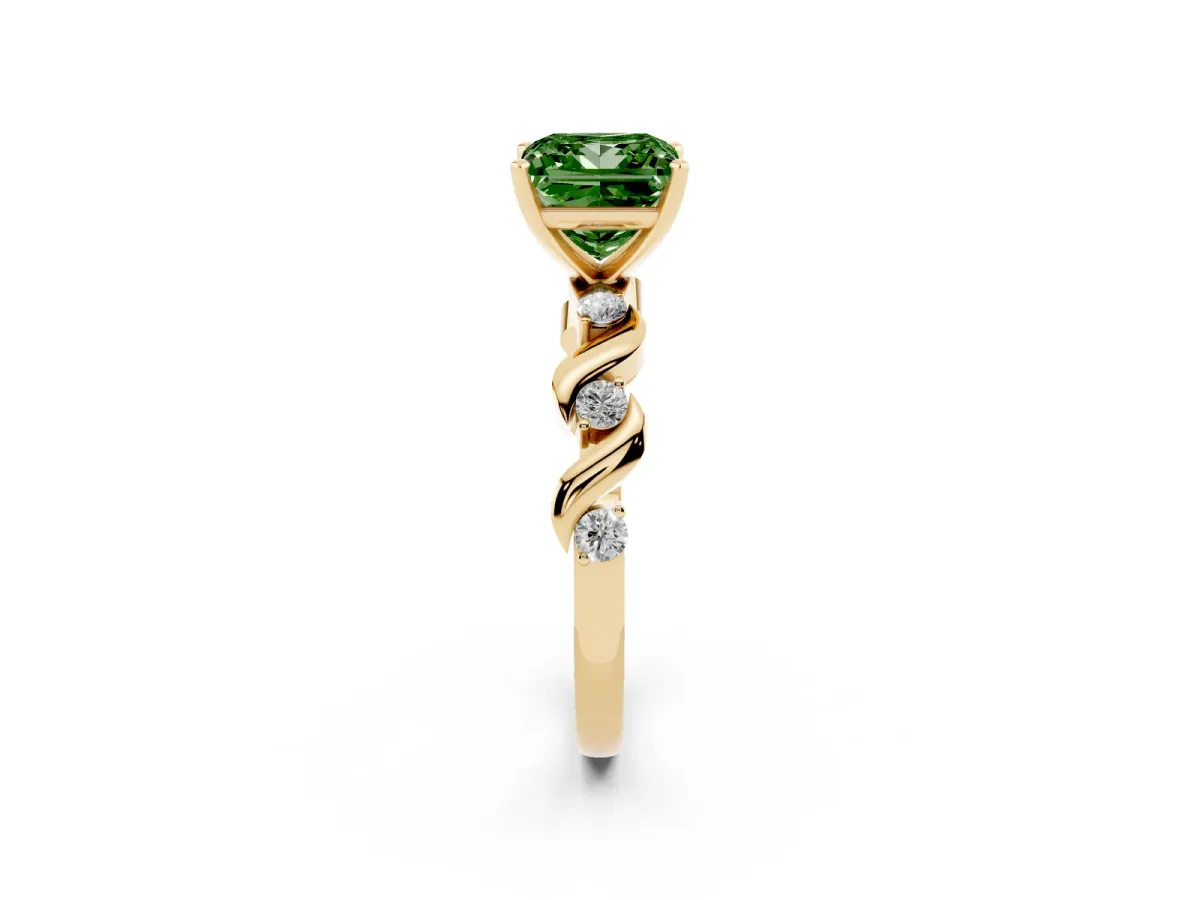 Fancy Green Princess Cut Diamond Solitaire Twisted Band with Round Accents and Prong Setting Yellow gold