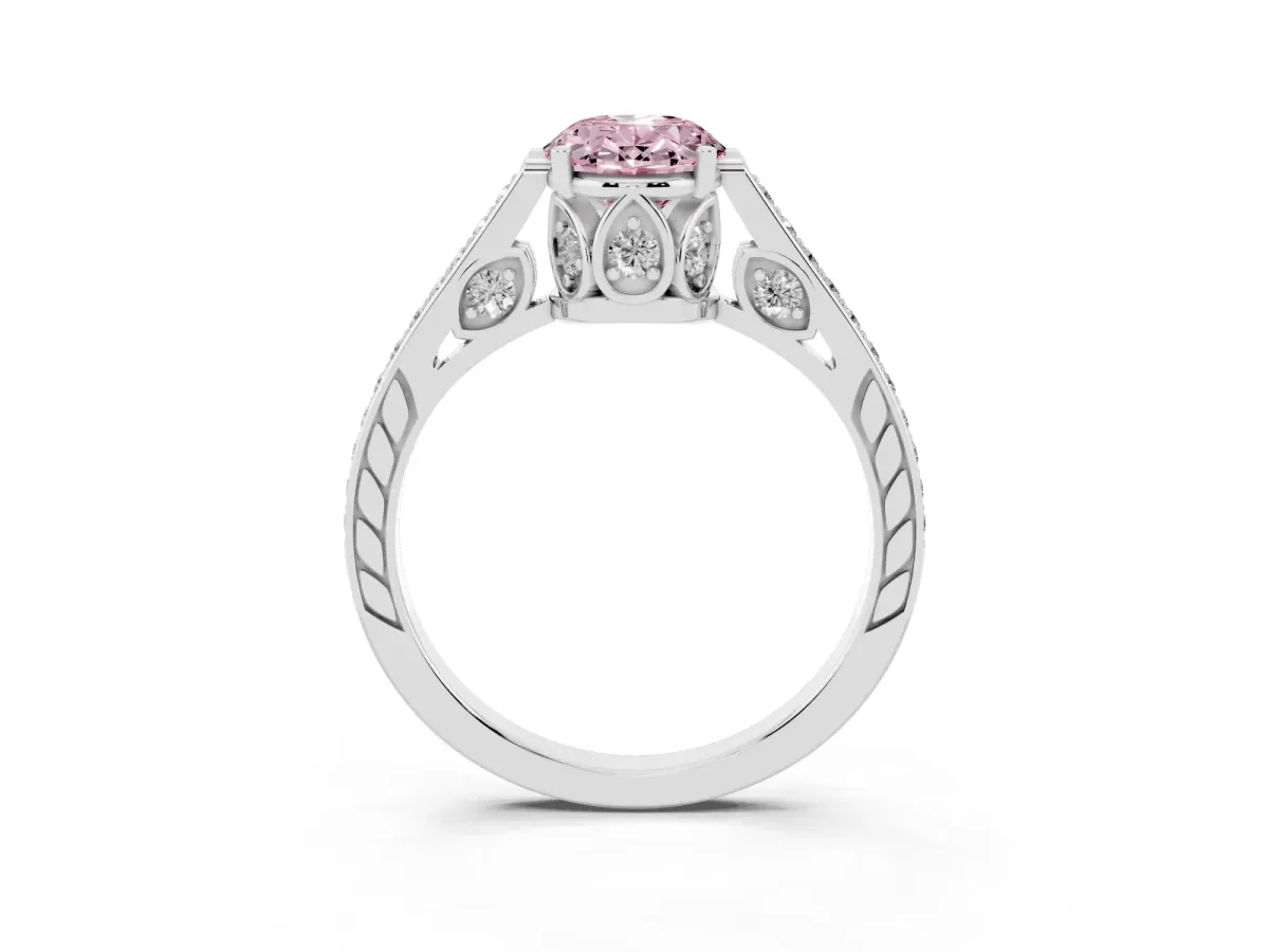 Fancy Pink Oval Cut Cut Cathedral Pave Diamond Engagement Ring with Six-Prong Setting Silver