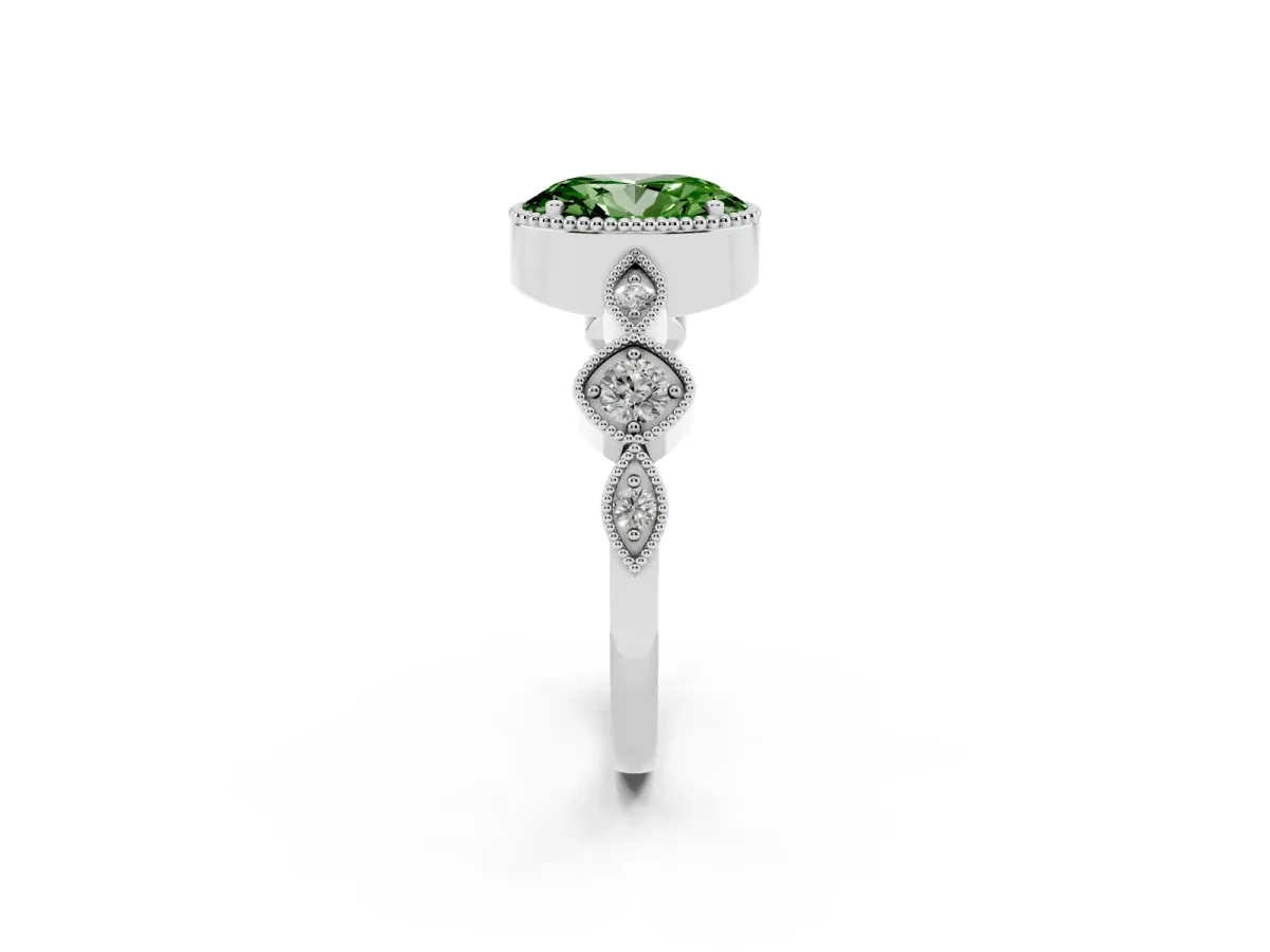 Fancy Green Oval Cut Diamond Vintage Milgrain Ring with Round Stations Platinum