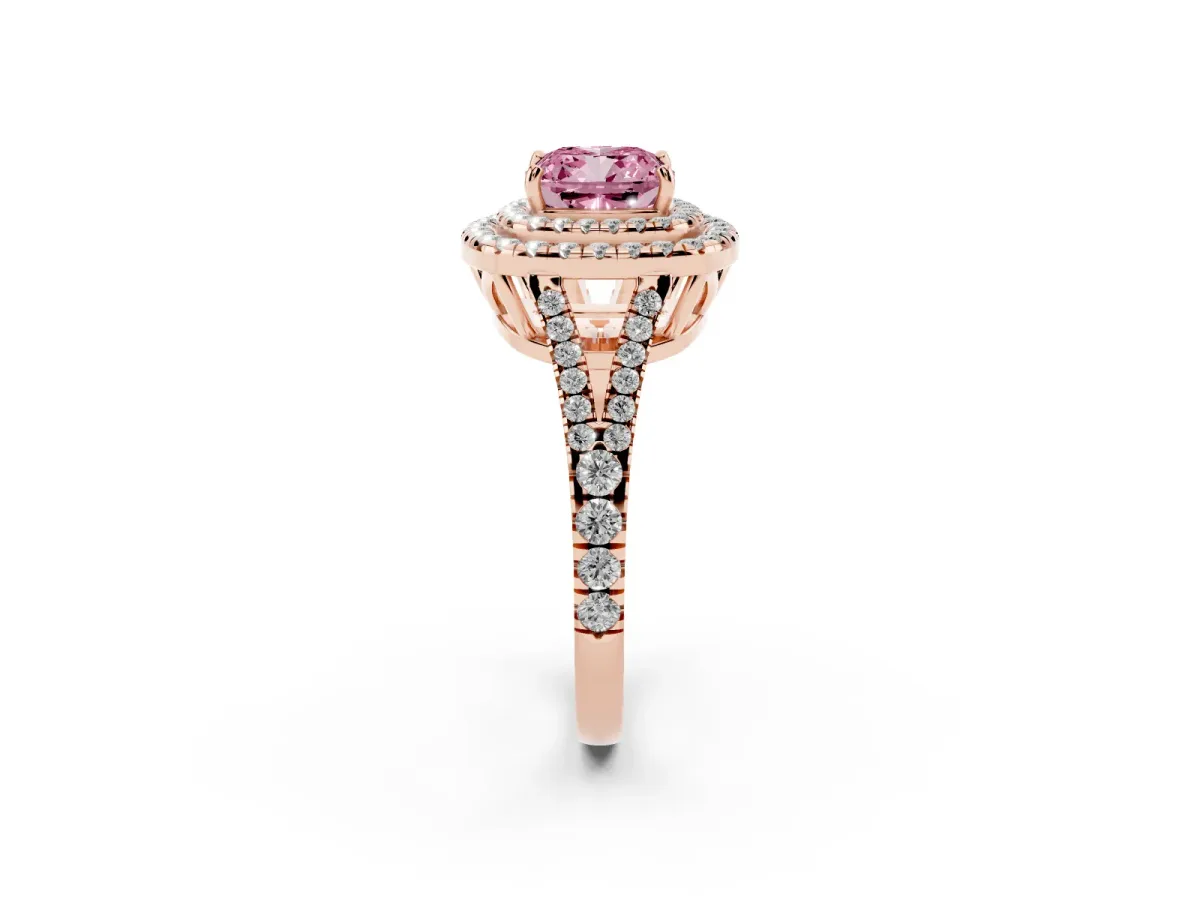Fancy Pink Cushion Cut Diamond Double Halo Ring with Pavé Band and Prong Setting Rose gold
