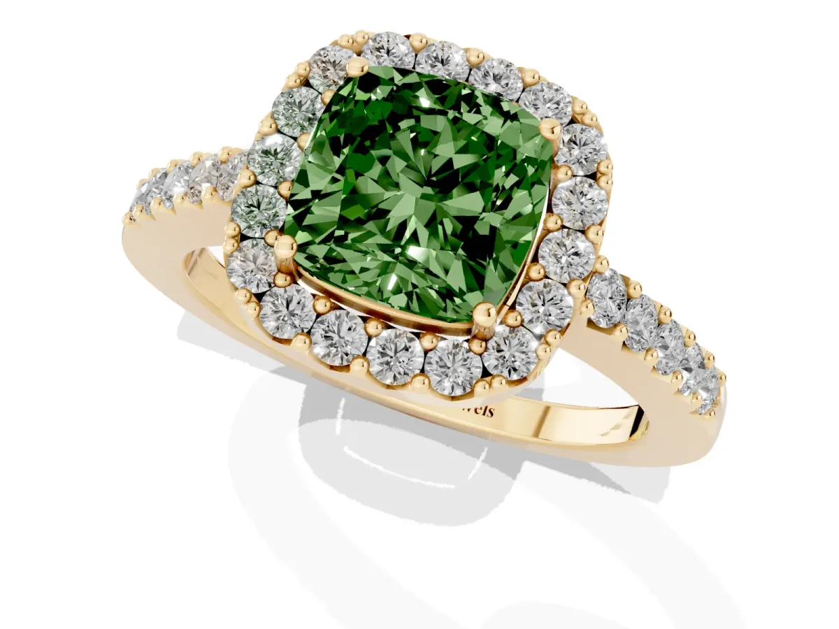 Fancy Green Cushion Cut Halo Diamond Pavé Solitaire Ring Yellow gold