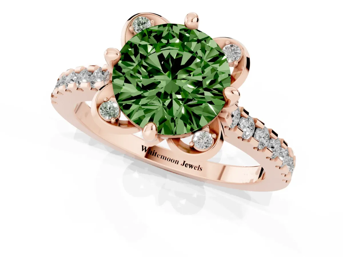 Fancy Green Round Cut Diamond Ring with Pavé Band and Floral Prong Setting Rose gold