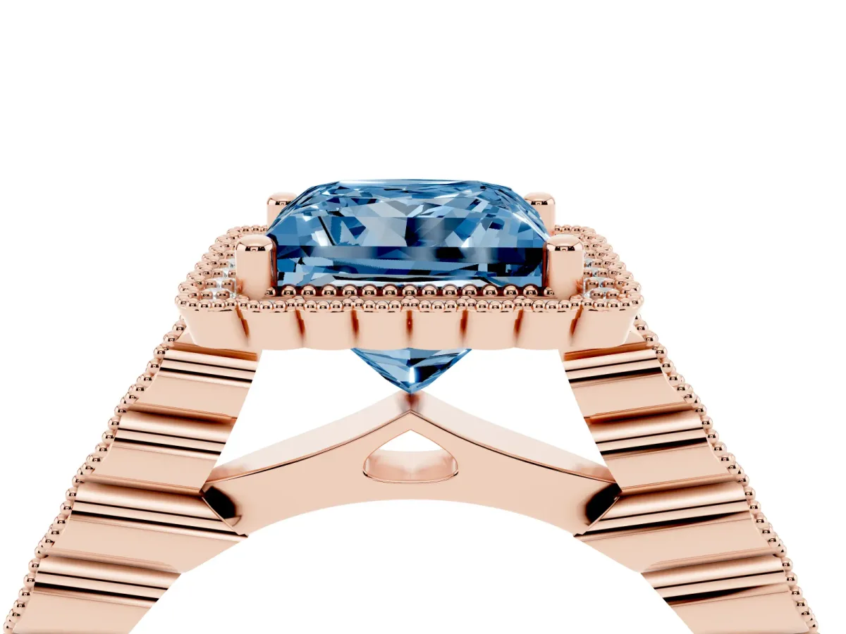 Fancy Blue Princess Cut Cut Halo Pavé Solitaire Ring with Milgrain Band Rose gold