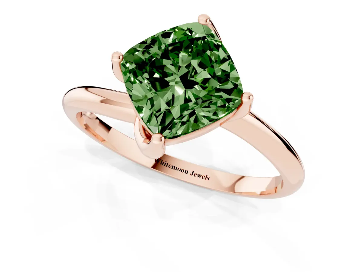 Fancy Green Cushion Cut Diamond Solitaire Engagement Ring with Four-Prong Setting and Classic Band Rose gold