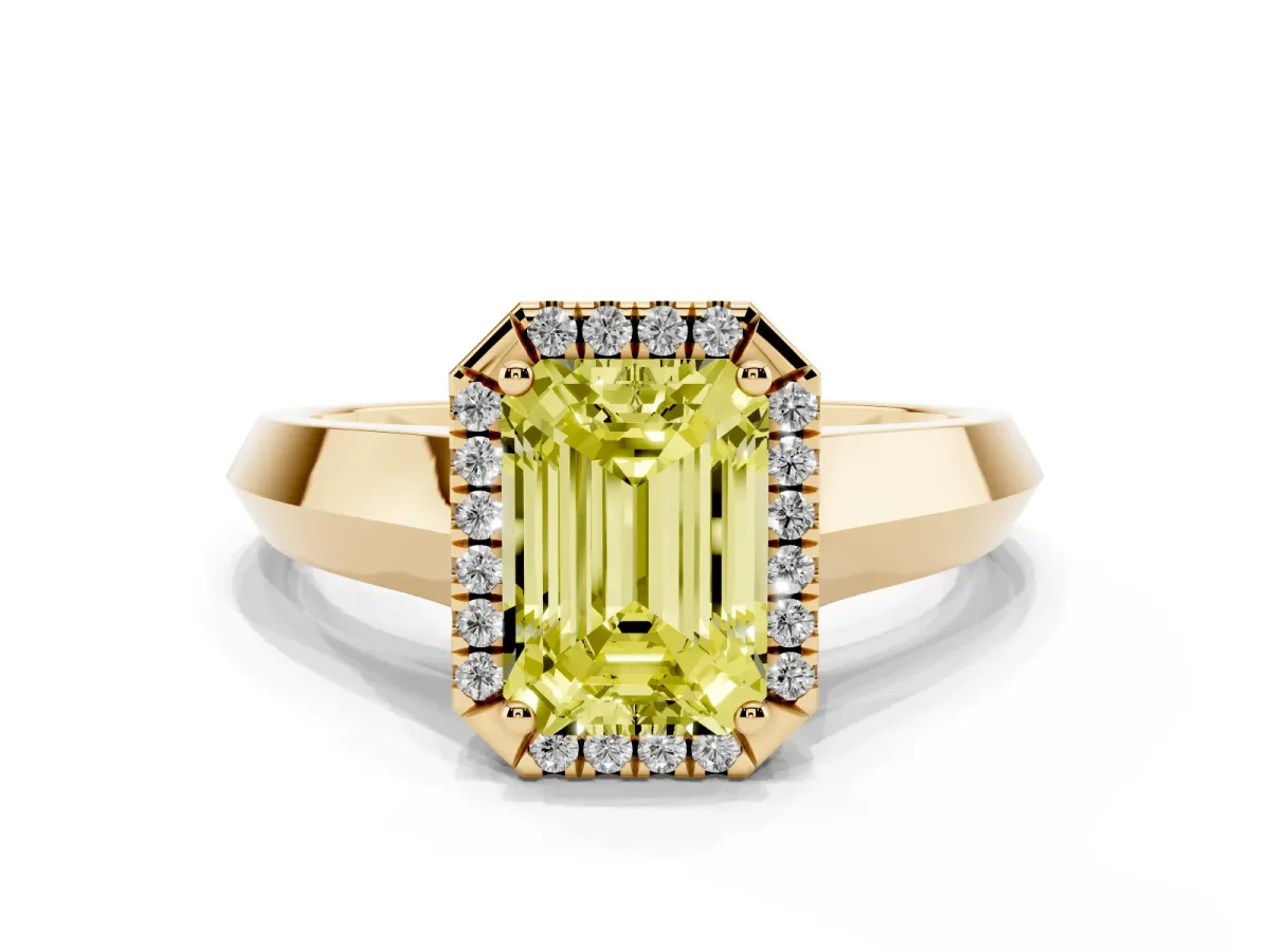 Fancy Yellow Emerald Cut Halo Diamond Ring with Cathedral Band and Four-Prong Setting Yellow gold