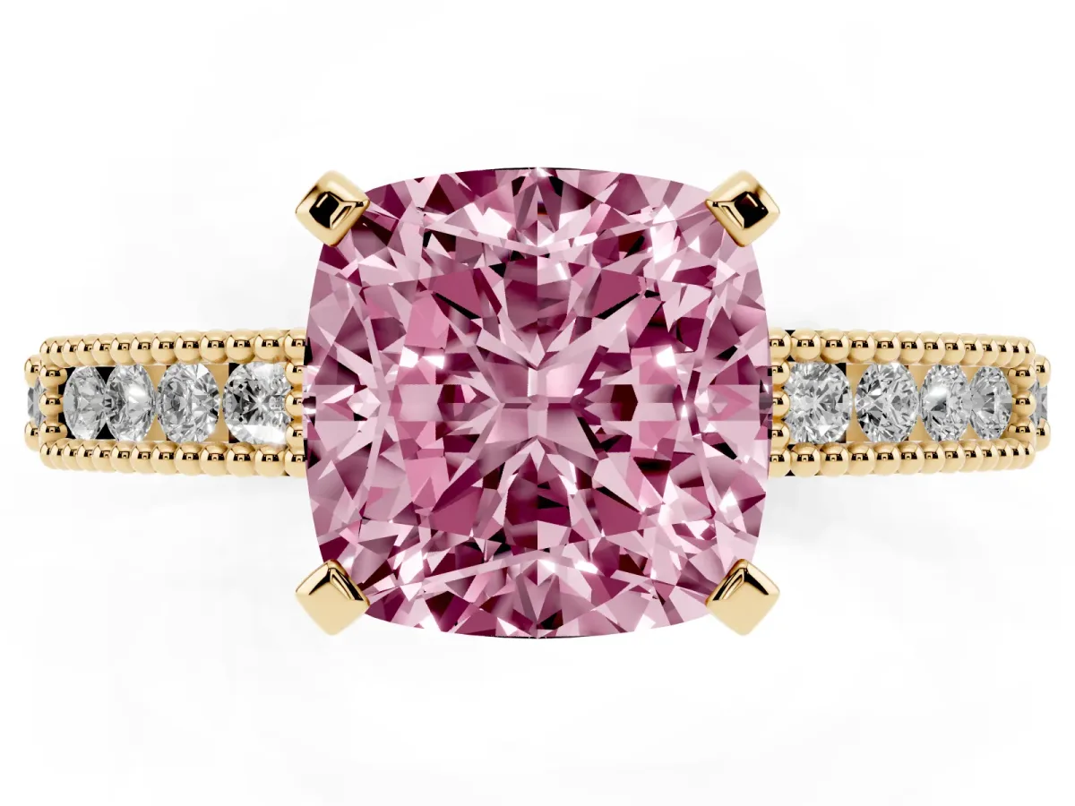 Fancy Pink Cushion Cut Solitaire with Pavé Band and Four-Prong Setting Yellow gold