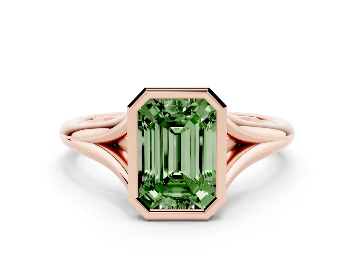 Fancy Green Bezel Set Emerald Cut Cut Solitaire Ring with Tapered Band Rose gold