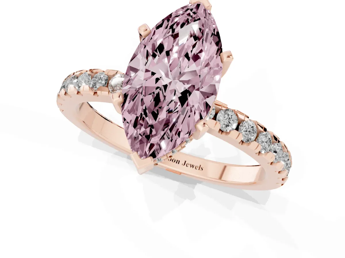 Fancy Pink Marquise Cut Diamond Solitaire Ring with Round Pavé Band and Four-Prong Setting Rose gold