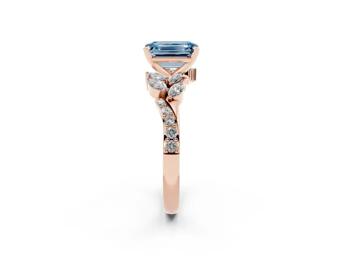 Fancy Blue Emerald Cut Solitaire Marquise Twist Band with Six-Prong Setting Rose gold