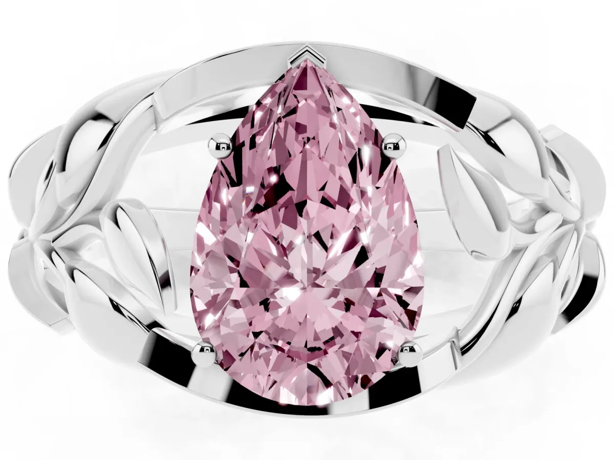Fancy Pink Pear Cut Diamond Leaf-Inspired Engagement Ring with Round Accents and Prong Setting Platinum