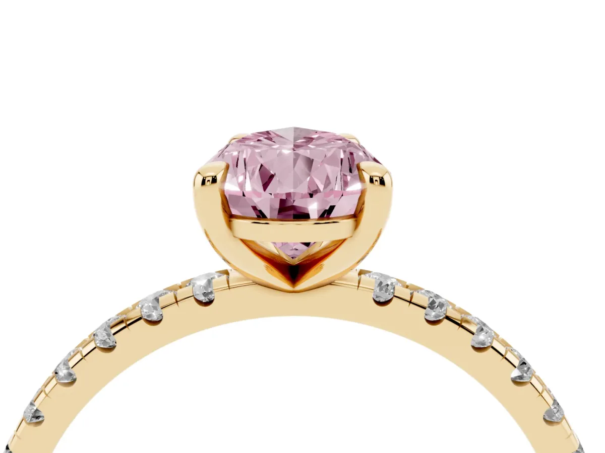Fancy Pink Pear Cut Diamond Brilliant Solitaire Ring with Pavé Band and Four-Prong Setting Yellow gold
