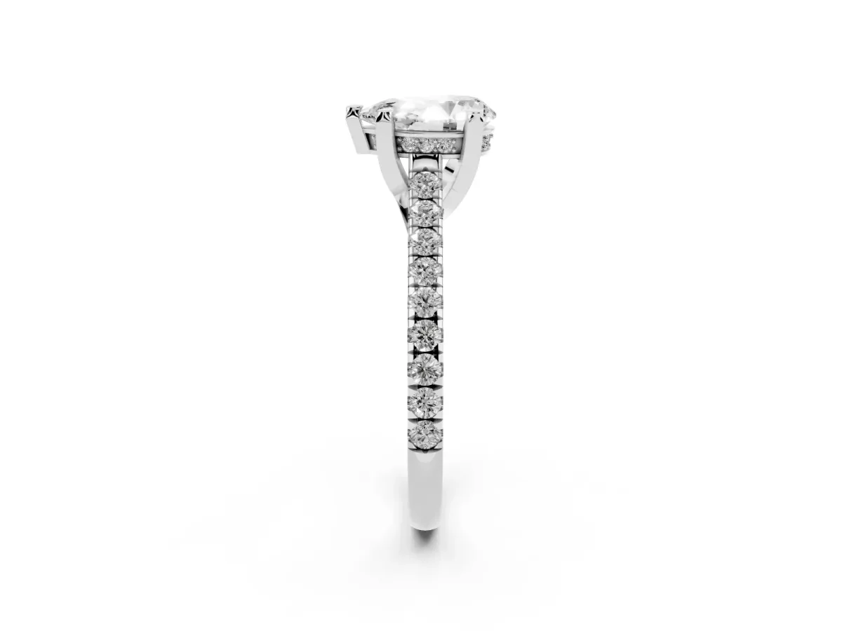 Pear Cut Brilliant Diamond Solitaire with Pavé Band and Four-Prong Setting Platinum