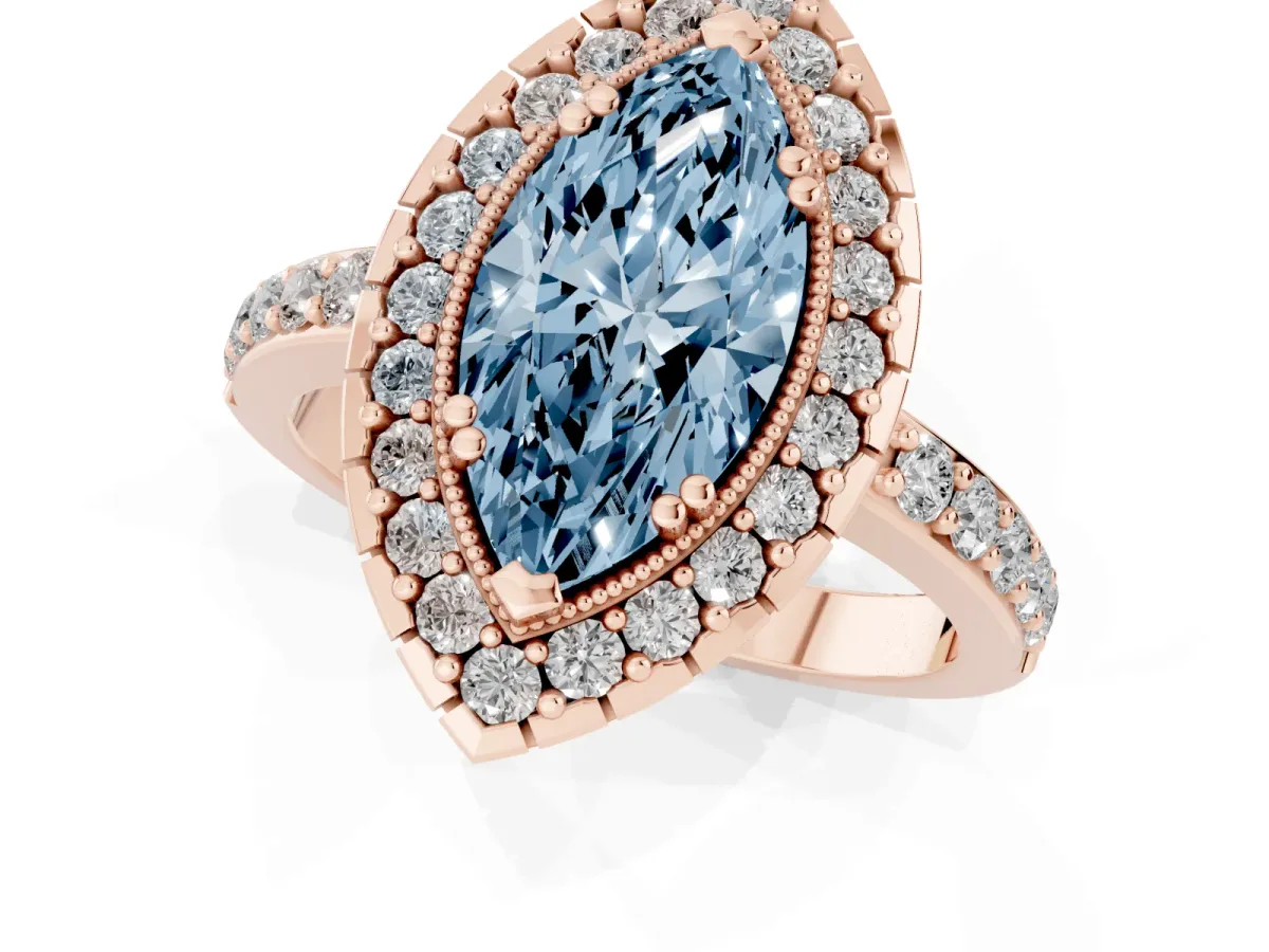 Fancy Blue Marquise Cut Diamond Halo Ring with Pavé Band and Prong Setting Rose gold
