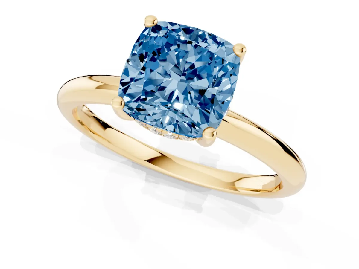 Fancy Blue Cushion Cut Cut Solitaire Engagement Ring with Four-Prong Setting and Classic Band Yellow gold