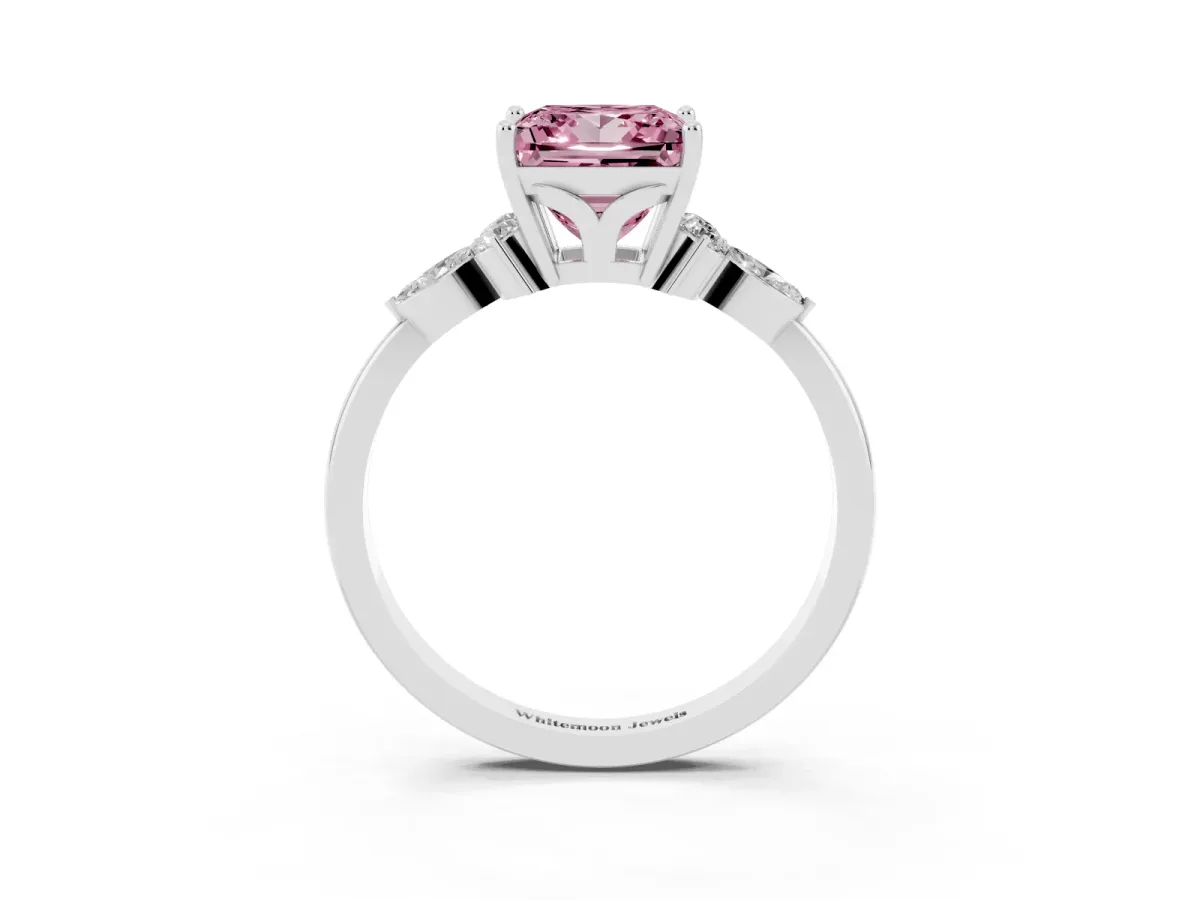 Fancy Pink Princess Cut Brilliant Diamond Solitaire Ring with Pear Side Stones and Four-Prong Setting White gold