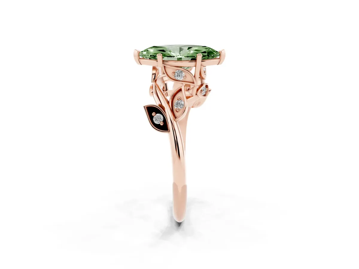 Fancy Green Marquise Cut Solitaire Twist Engagement Ring with Leaf Accents and Prong Setting Rose gold
