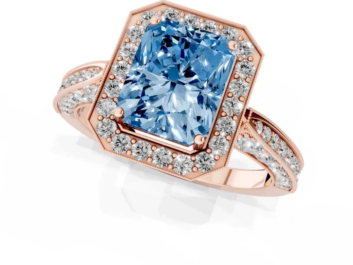 Fancy Blue Radiant Cut Halo Diamond Engagement Ring with Split Shank Band and Four-Prong Setting Rose gold