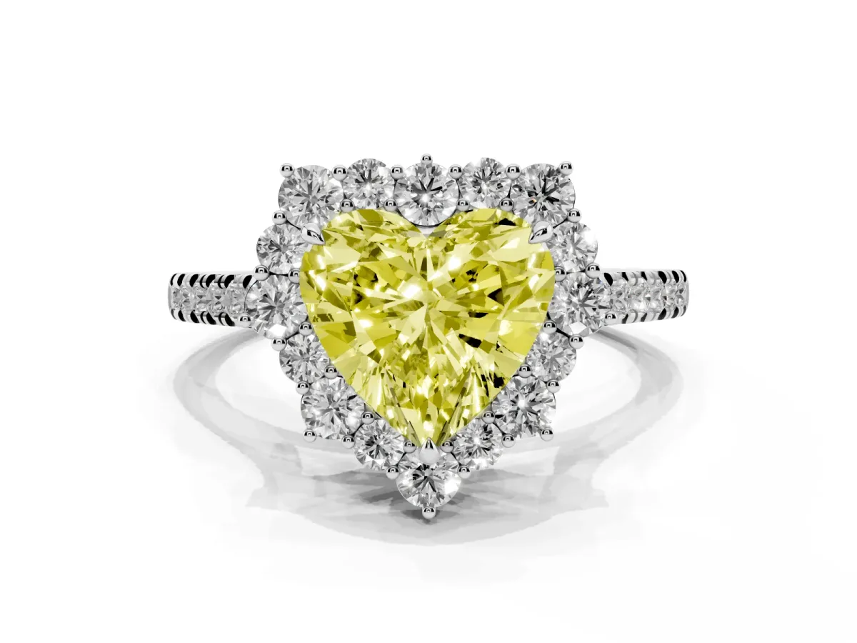Fancy Yellow Heart Cut Halo Diamond Ring with Pavé Band and Prong Setting Silver