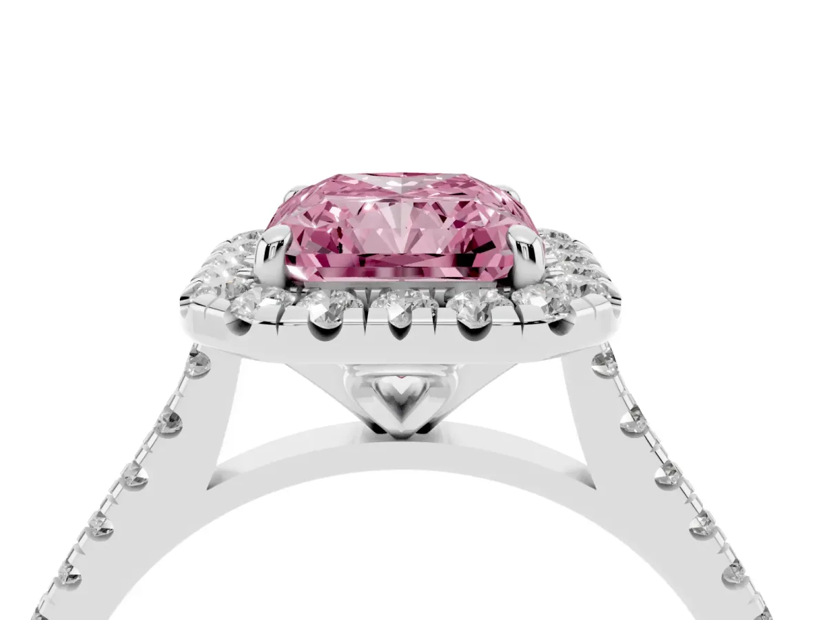 Fancy Pink Radiant Cut Diamond Cushion Halo Ring with Pavé Band White gold