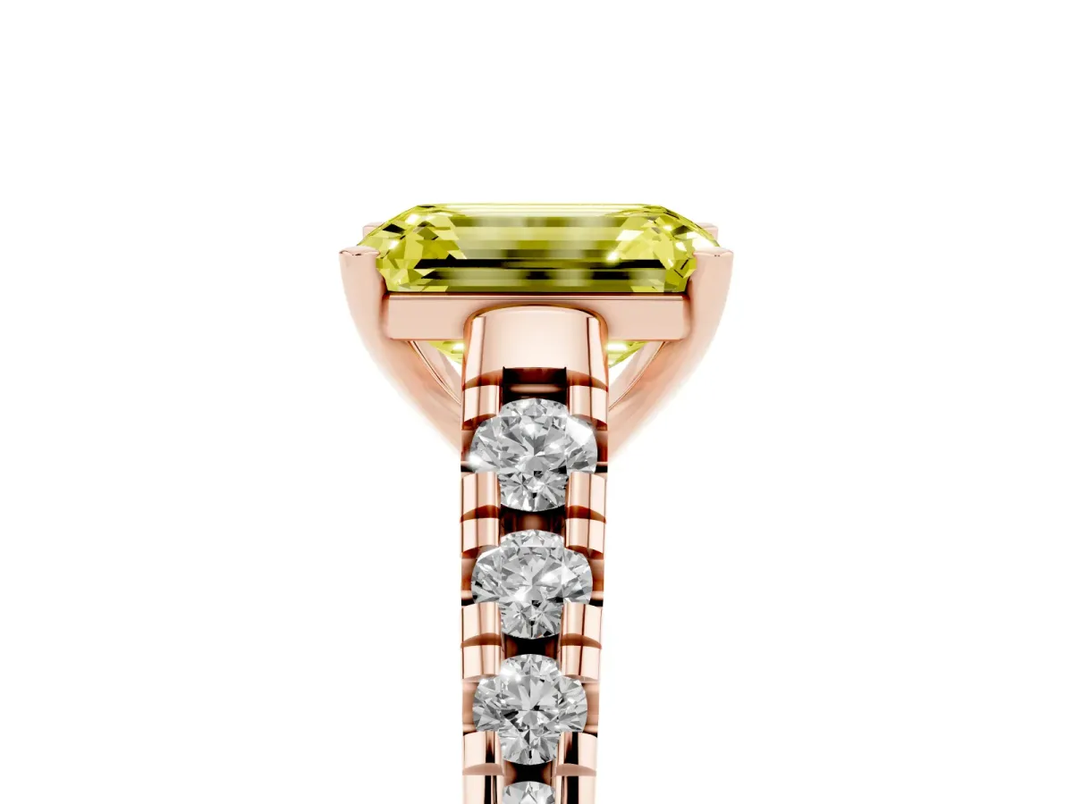 Fancy Yellow Emerald Cut Diamond Cathedral Solitaire Ring with Round Pavé Band Rose gold