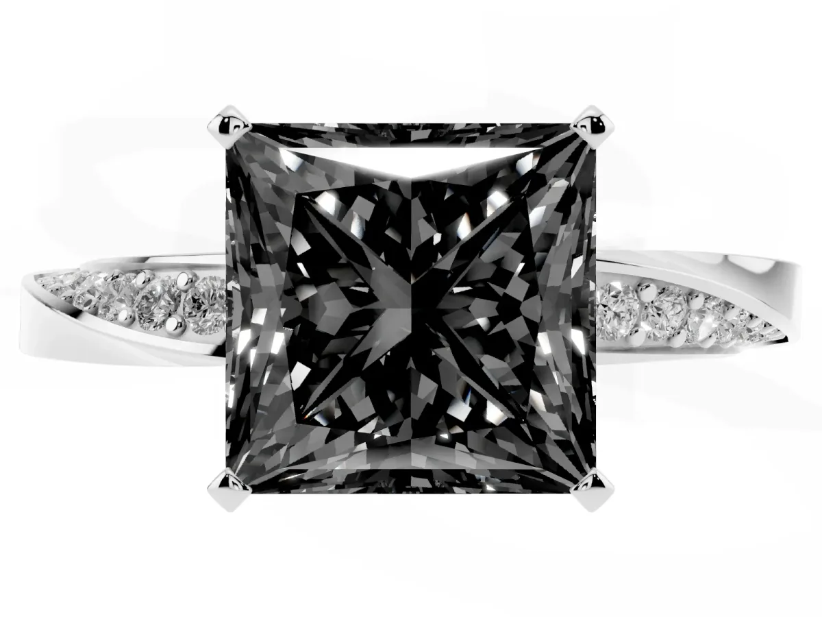 Fancy Black Princess Cut Diamond Engagement Ring with Side Stone Accents and Four-Prong Setting Silver