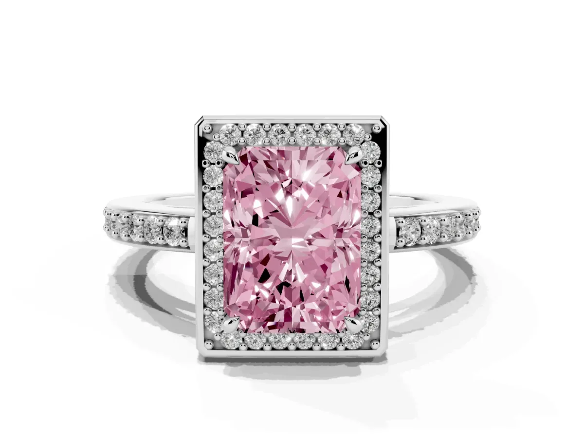 Fancy Pink Radiant Cut Halo Pave Band Solitaire Ring with Prong Setting Silver