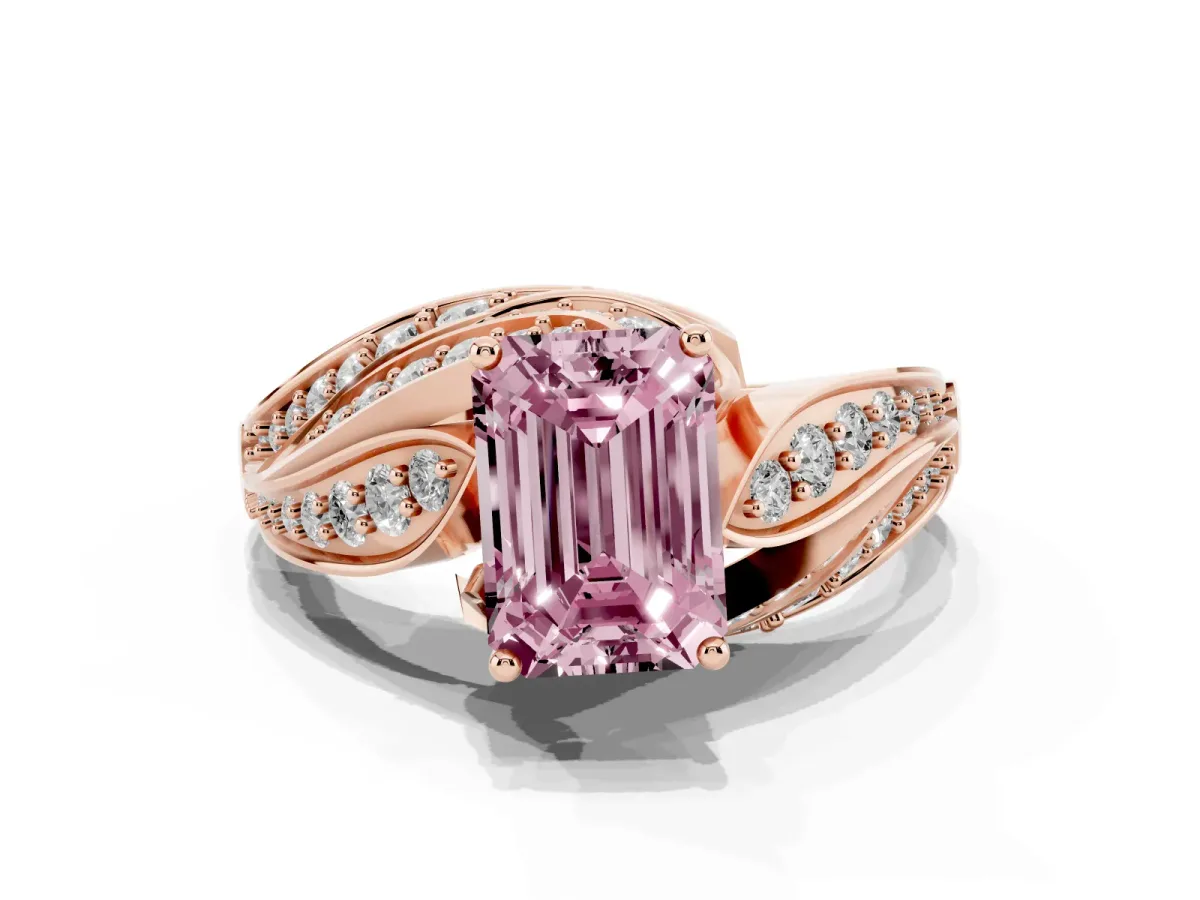 Fancy Pink Emerald Cut Diamond Solitaire Ring with Prong Setting and Twisted Pavé Band Rose gold