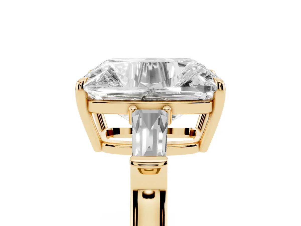 Old Mine Elongated Cushion Diamond with Side Tapered Baguette Three Stone Ring Yellow gold