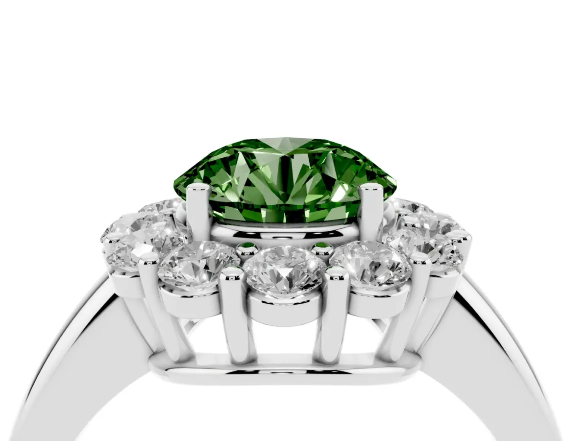 Fancy Green Round Cut Halo Cluster Diamond Engagement Ring with Prong Setting and Polished Band Silver