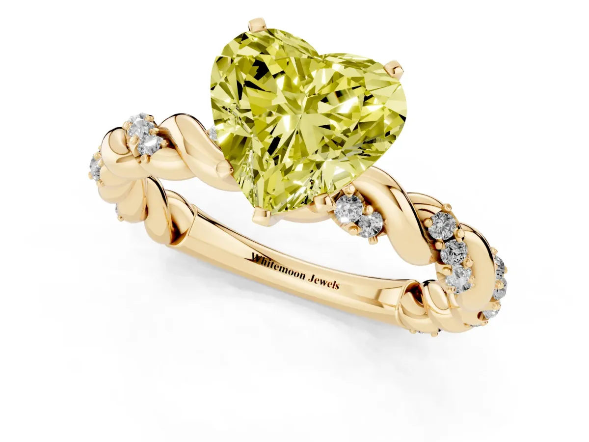 Fancy Yellow Heart Cut Diamond Solitaire Ring with Twisted Band and Pavé Accents Yellow gold