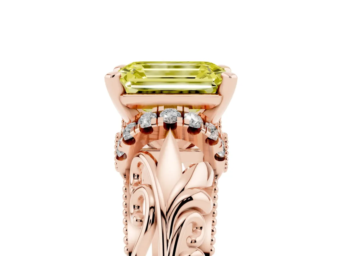 Fancy Yellow Emerald Cut Solitaire Filigree Engagement Ring with Halo and Prong Setting Rose gold