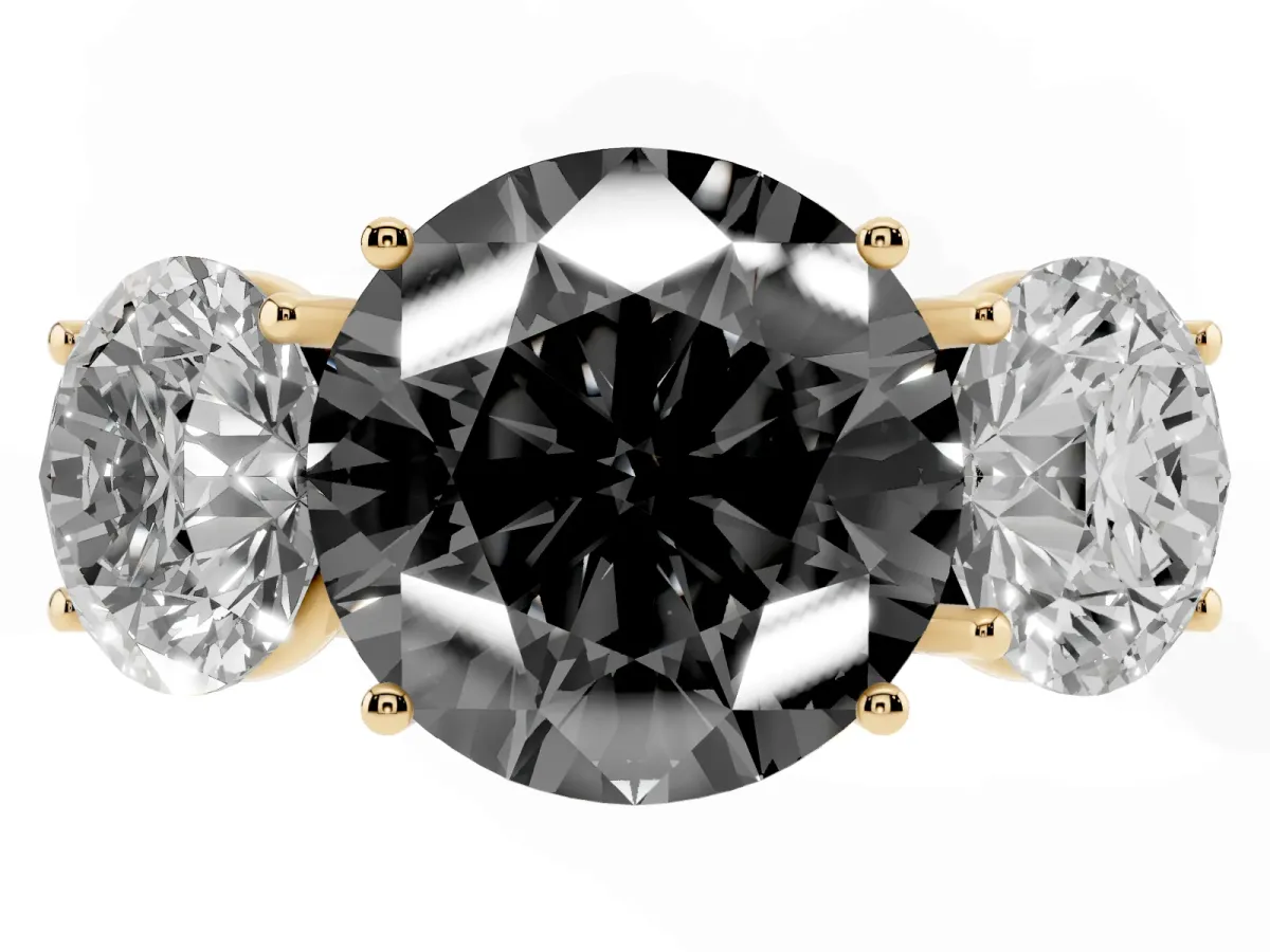 Fancy Black Three-Stone Round Cut Diamond Braided Band Ring with Four-Prong Setting Yellow gold