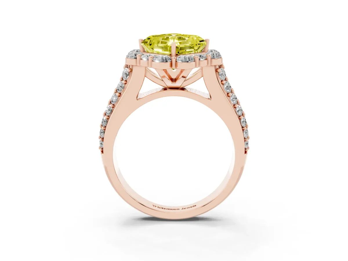 Fancy Yellow Asscher Cut Halo Diamond Engagement Ring with Split Shank and Prong Setting Rose gold
