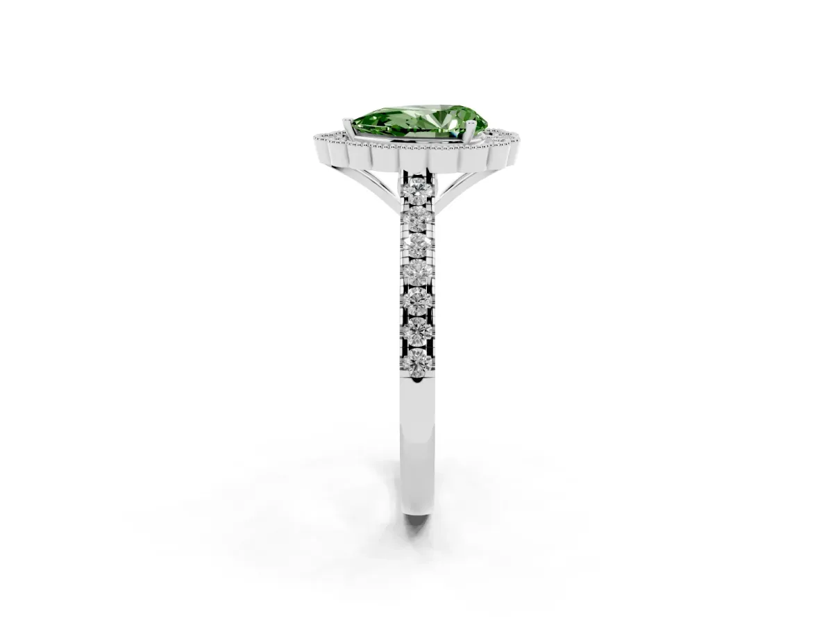 Fancy Green Pear Cut Cut Diamond Milgrain Floral Halo Engagement Ring with Pavé Band Platinum