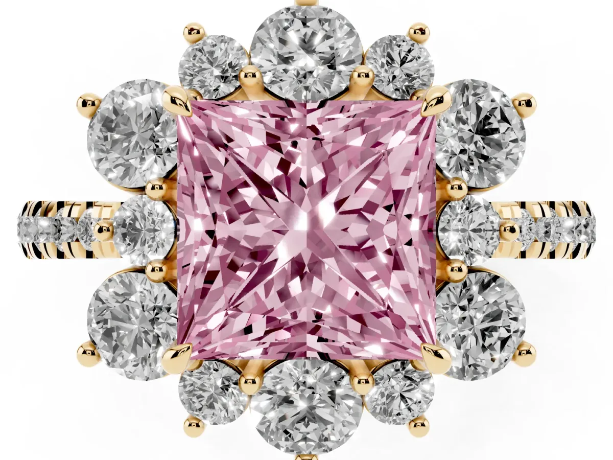 Fancy Pink Princess Cut Diamond Floral Halo Ring with Round Pavé Band and Prong Setting Yellow gold