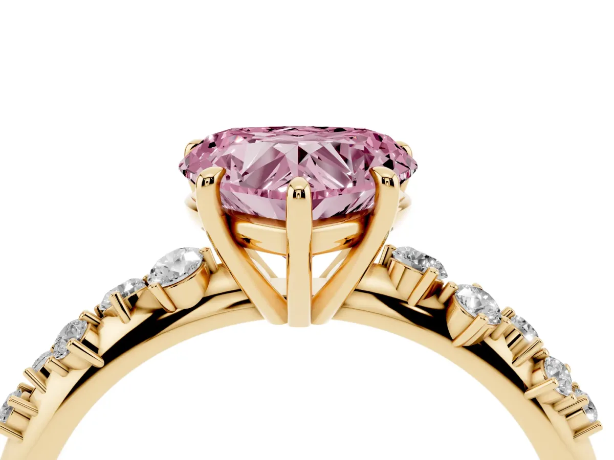 Fancy Pink Heart Cut Diamond Cluster Side Stone Solitaire Ring with Prong Setting Yellow gold