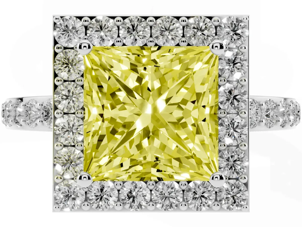 Fancy Yellow Princess Cut Halo Diamond Pavé Band Ring with Prong Setting Silver