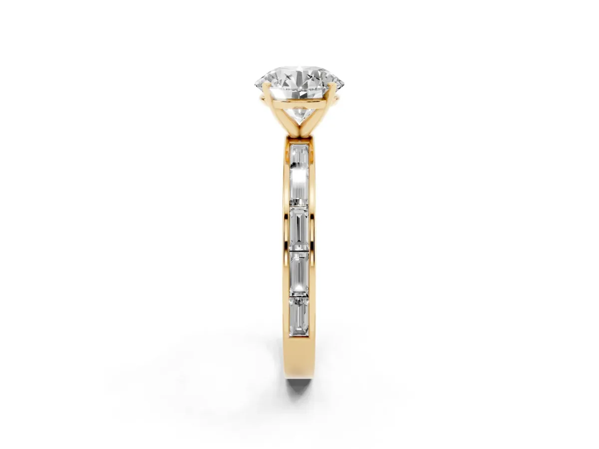Round Cut Solitaire Diamond Ring with Channel-Set Baguette Band and Four-Prong Setting Yellow gold