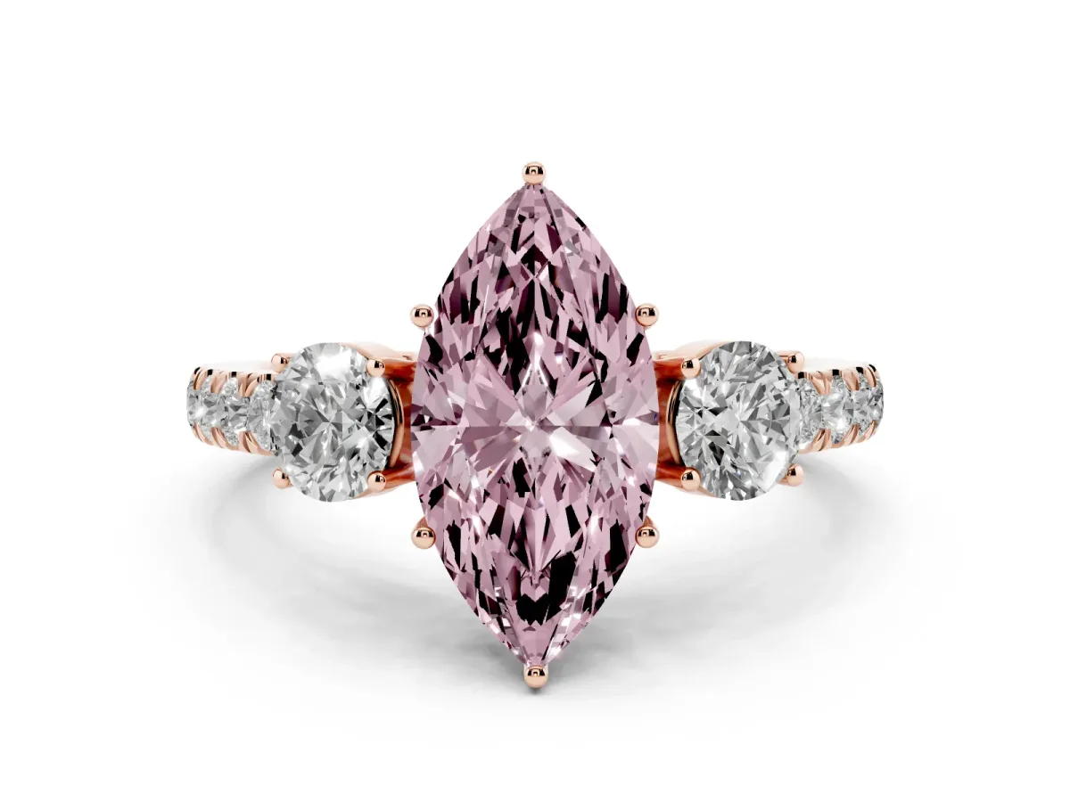Fancy Pink Marquise Cut Cut Diamond Three-Stone Ring with Round Side Stones and Pavé Band Rose gold