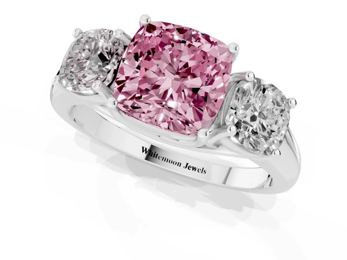 Fancy Pink Three-Stone Cushion Cut Diamond Engagement Ring with Prong Setting Platinum