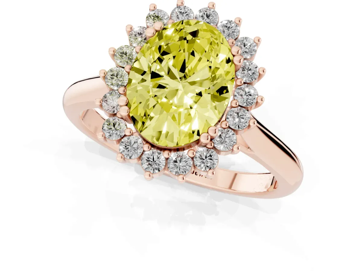 Fancy Yellow Oval Cut Cut Diamond Halo Ring with Solitaire Band and Prong Setting Rose gold