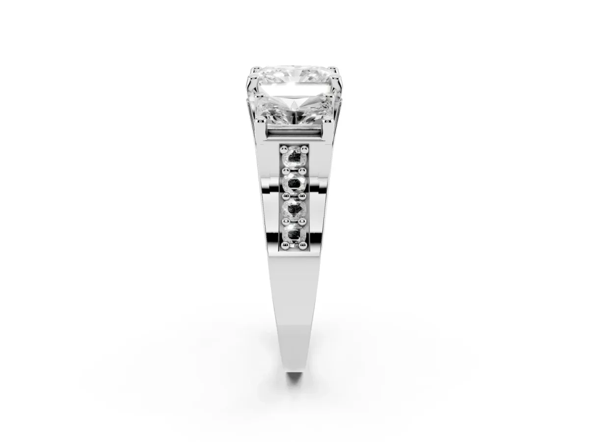 Radiant Cut Diamond Three-Stone Ring with Channel Set Band and Four-Prong Setting Silver