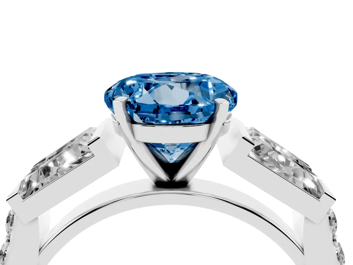 Fancy Blue Round Cut Diamond Engagement Ring with Baguette Side Stones and Channel Set Band White gold