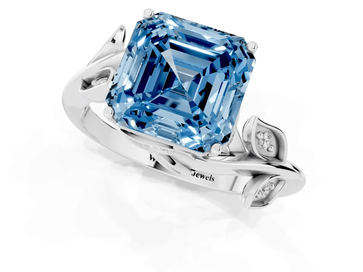 Fancy Blue Asscher Cut Solitaire Twist Engagement Ring with Leaf Accents and Prong Setting Silver