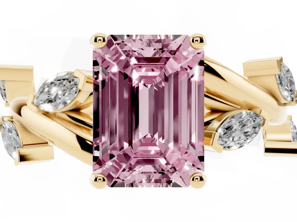 Fancy Pink Emerald Cut Solitaire Twisted Band Marquise Accent Prong Setting Ring Yellow gold