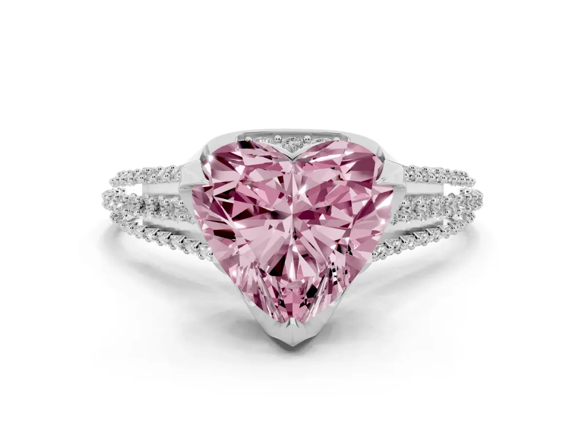 Fancy Pink Heart Cut Solitaire Pave Split Shank Ring with Four-Prong Setting Silver