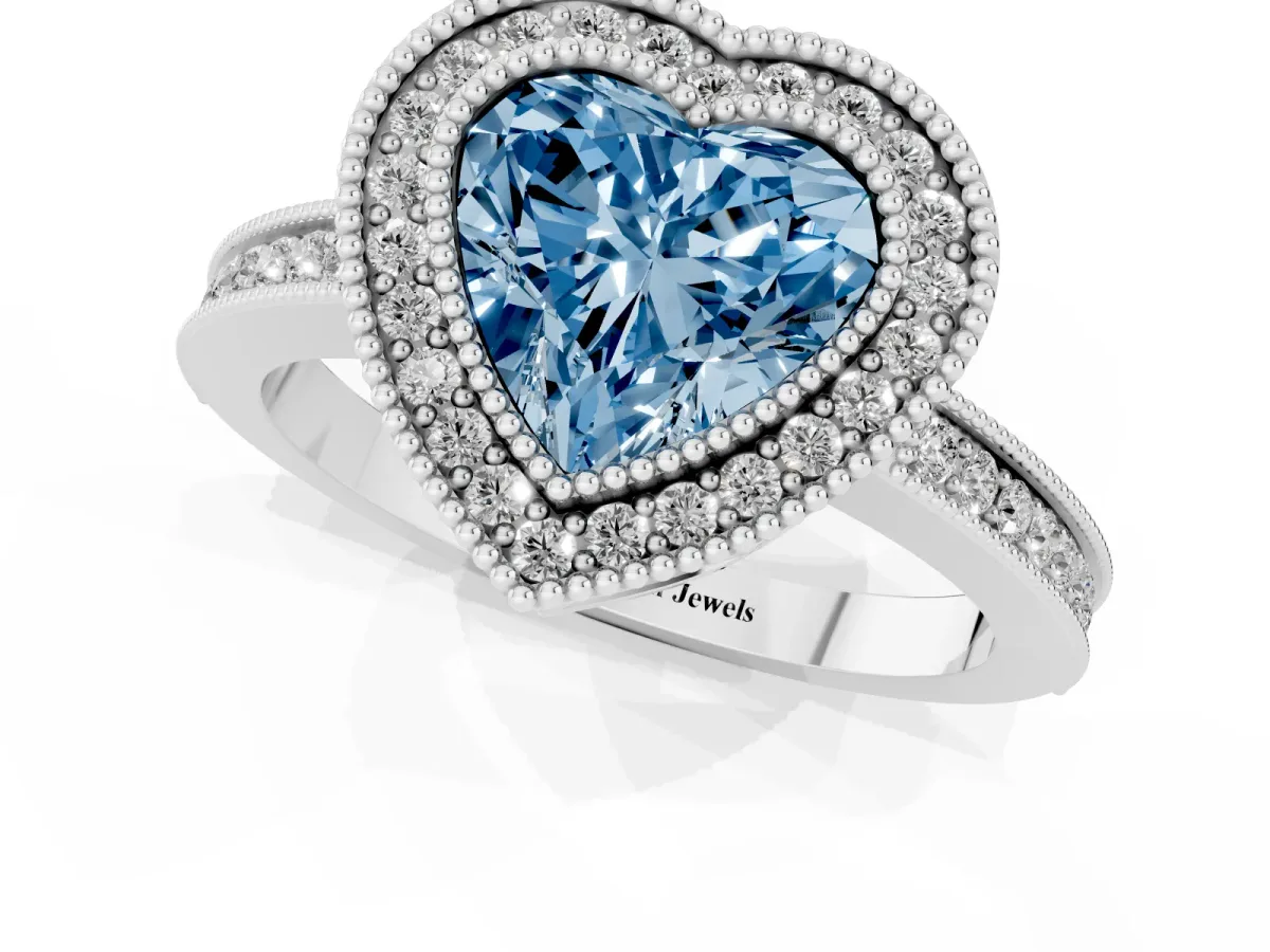Fancy Blue Heart Cut Cut Halo Diamond Ring with Pavé Band and Milgrain Prong Setting Platinum
