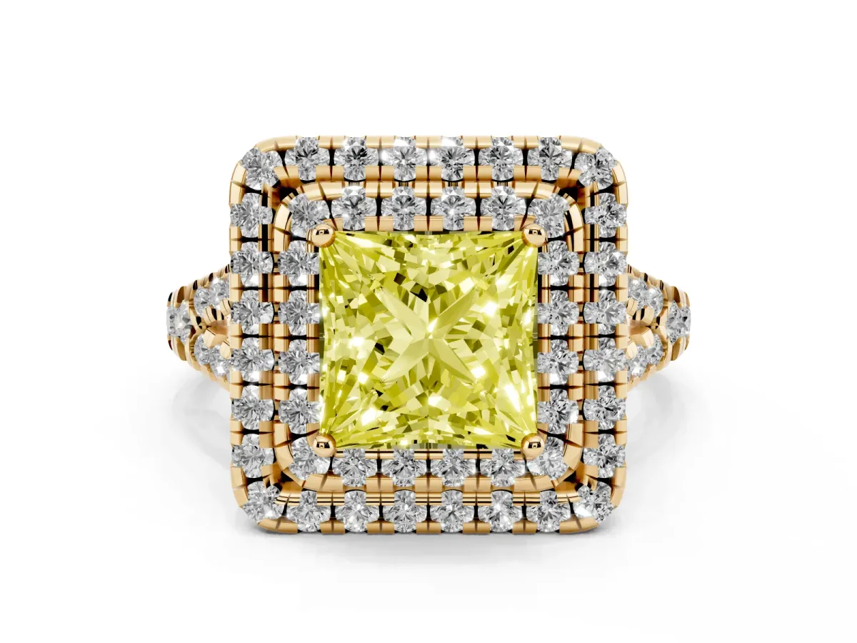 Fancy Yellow Double Halo Princess Cut Diamond Pavé Split Shank Ring with Prong Setting Yellow gold
